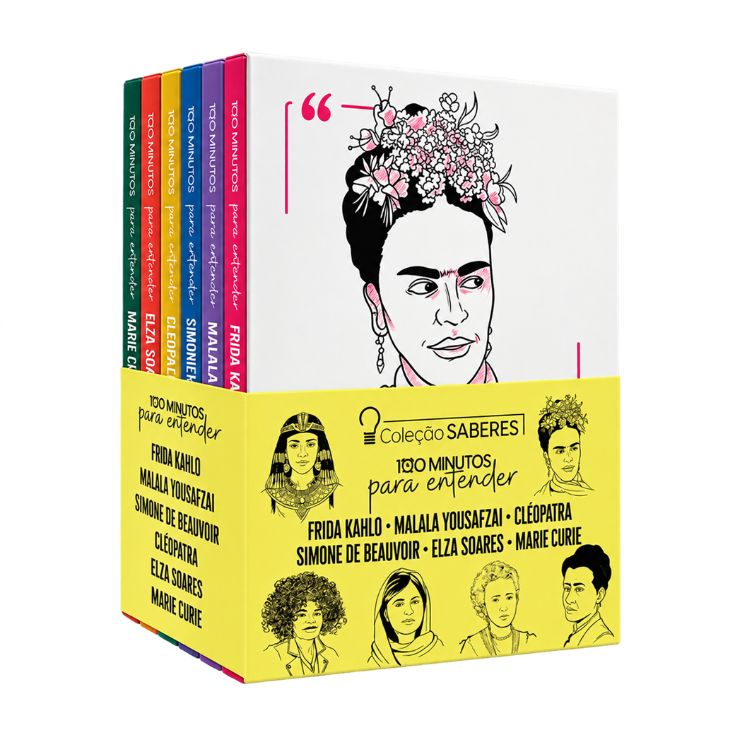 Box Coleção Saberes com seis livros de bolso, lombadas coloridas, Frida Kahlo na capa e cinta amarela com os retratos das seis mulheres.