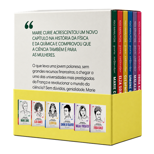 Contracapa do Box Coleção Saberes, com a citação sobre Marie Curie, as seis capas e as lombadas coloridas em destaque.